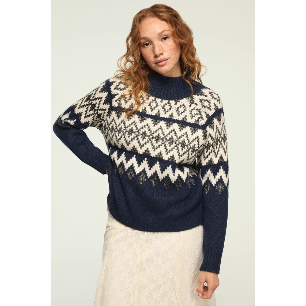 Lucky Brand Womens Navy Blue Fair Isle Mock Neck Metallic Knit Sweater Holiday